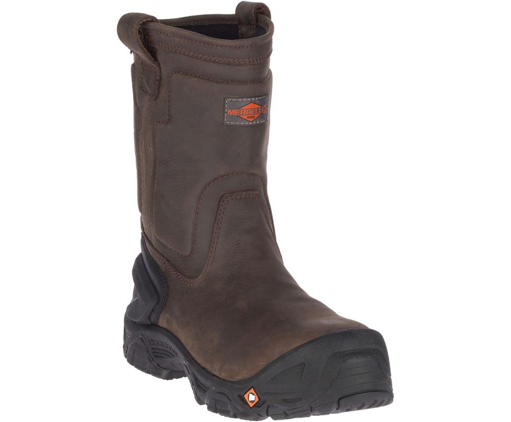 Merrell Work Boots Brown - Strongfield Leather Pull On Waterproof Comp Toe Wide Width - Mens 91WMXLS